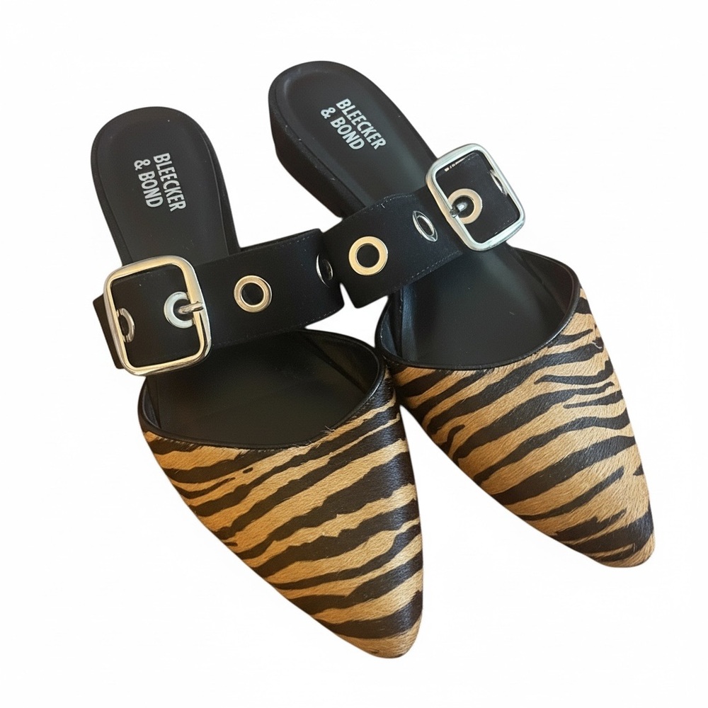 ✨ Bleecker & Bond Zada Tiger Calf Hair Buckle Mule Flats Loafer Slides Sz 8